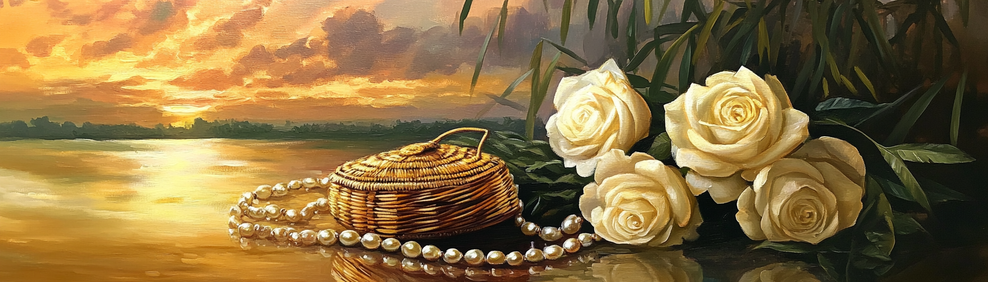 An oil painting of sunset picnic with roses