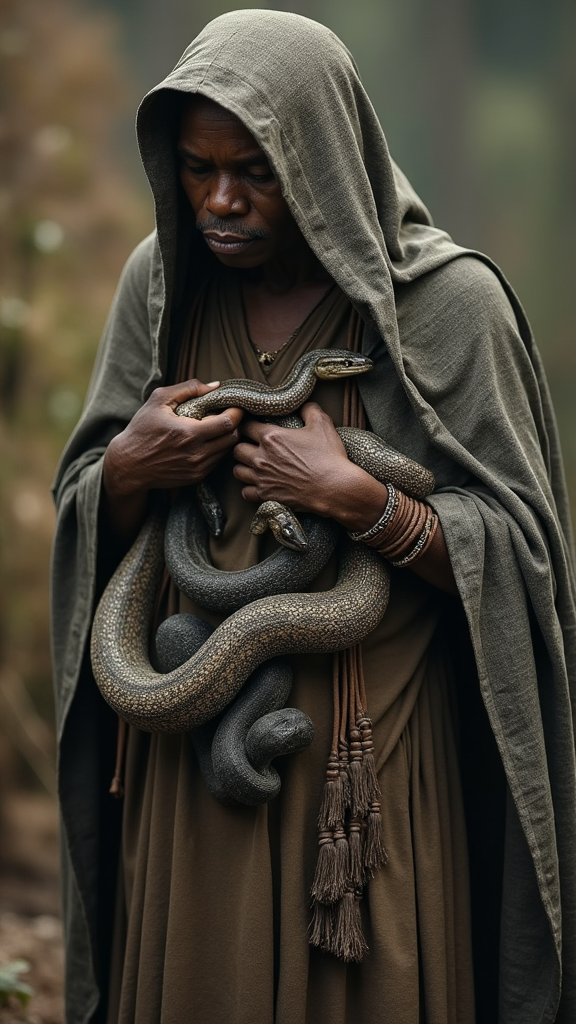 An old African witch with snakes.