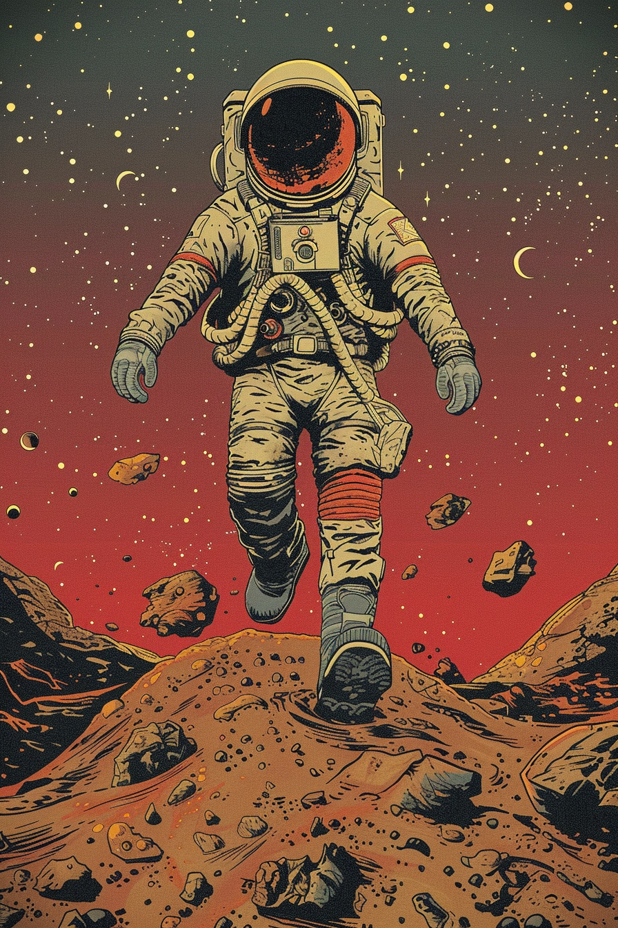 An old astronaut stands on Mars, surreal graphic.