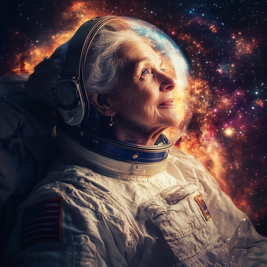 An old lady in astronaut suit exploring space