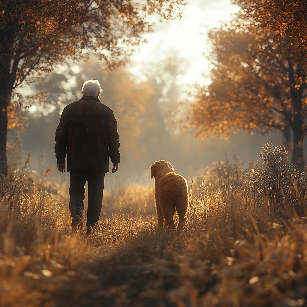 An old man and a golden retriever walking