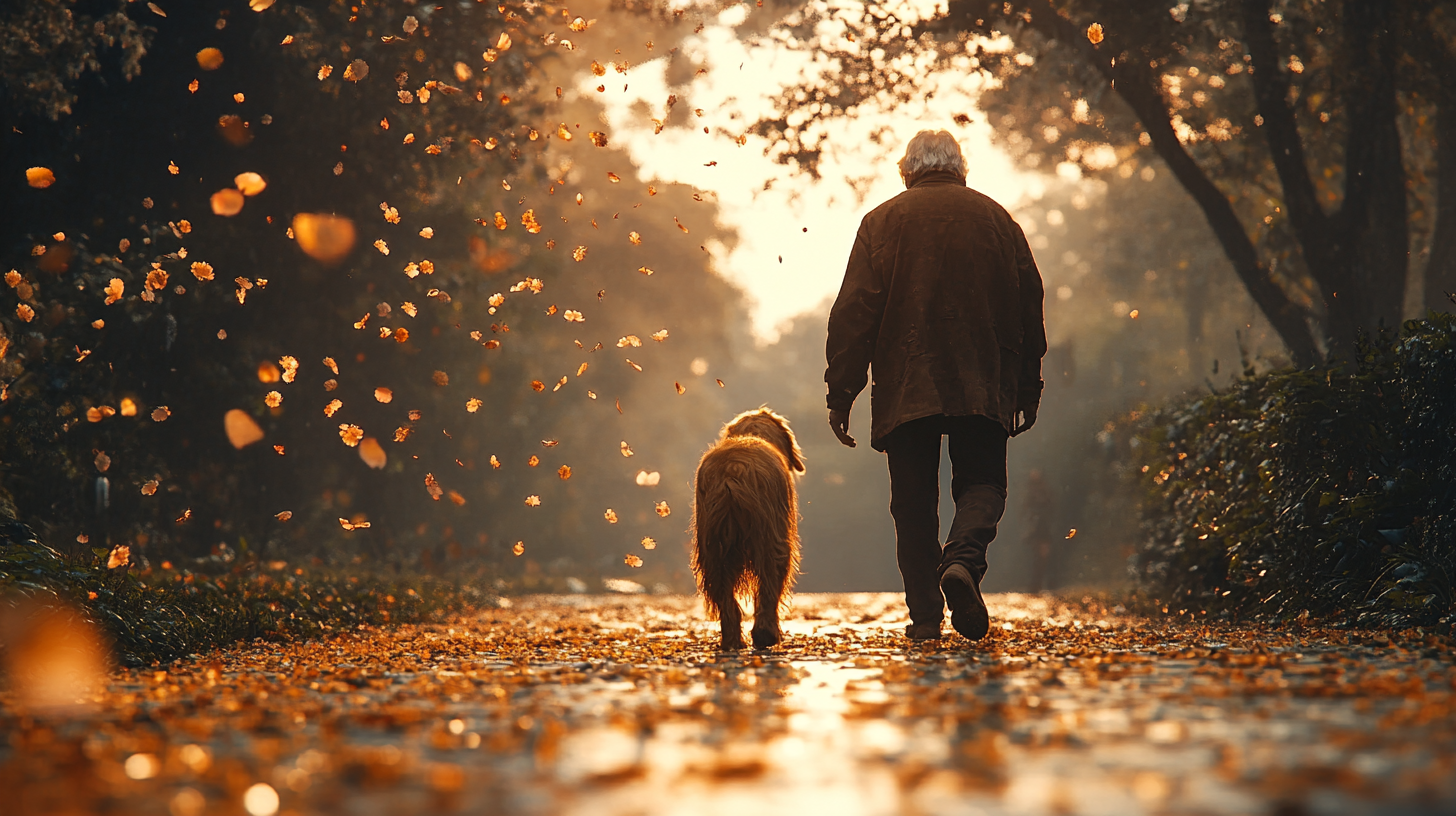 An old man and his dog walking in heaven