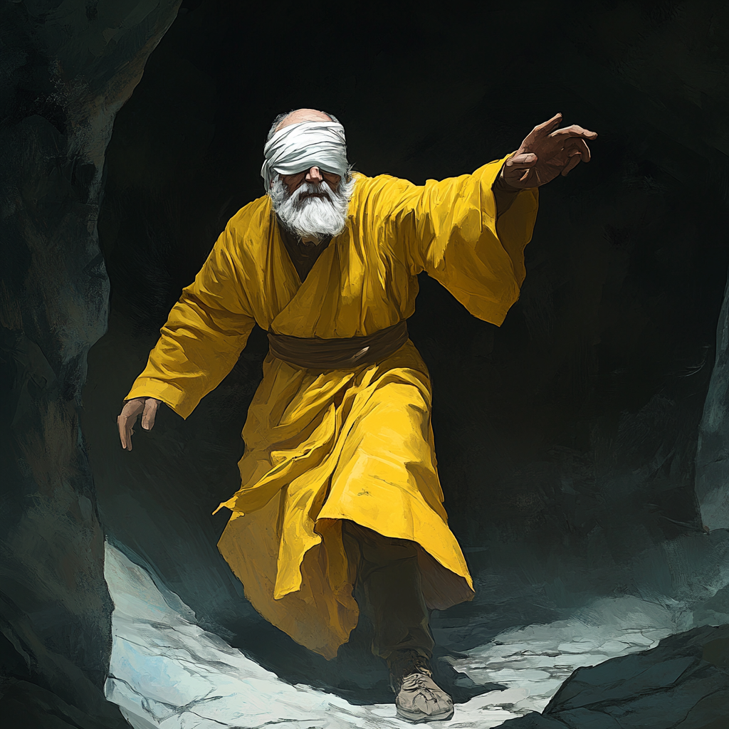 An old man in yellow robe walks through cavern.