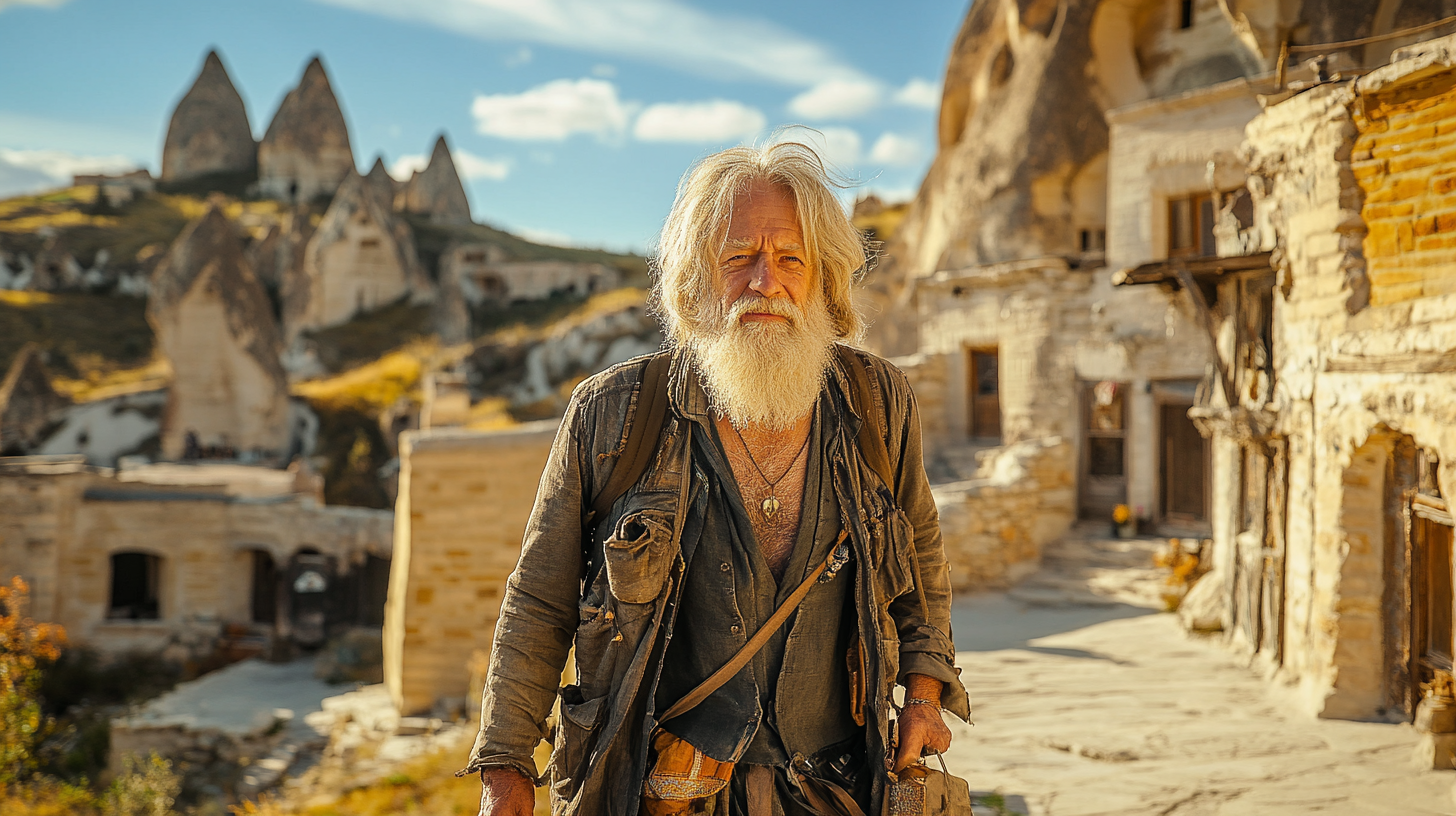 An old man walks through Cappadocia's warm colors.