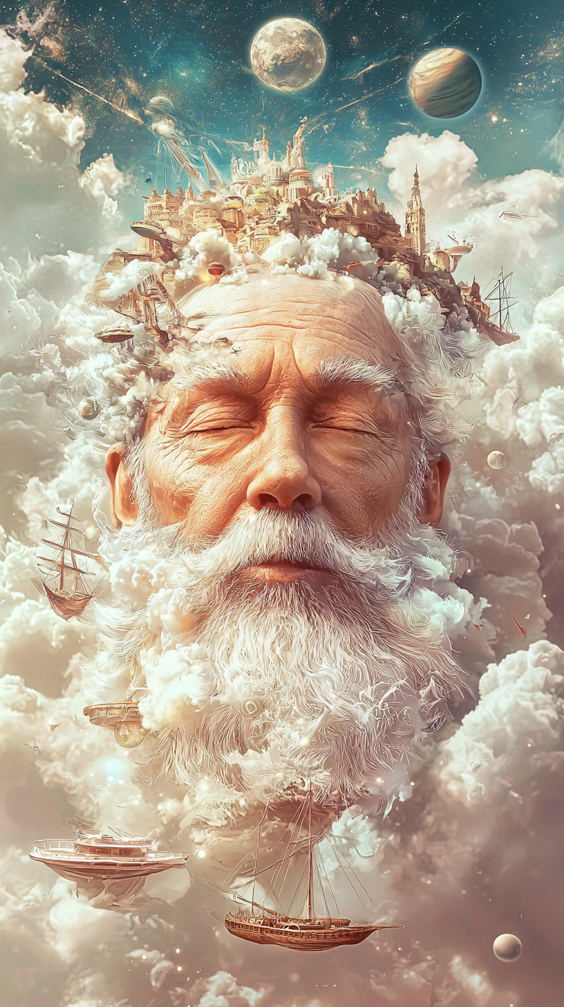 An old man with white beard meditating deeply.