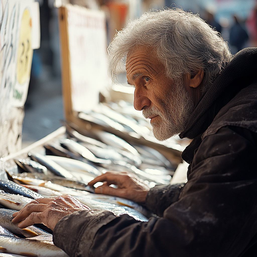 An old man with white hair works at fish counter