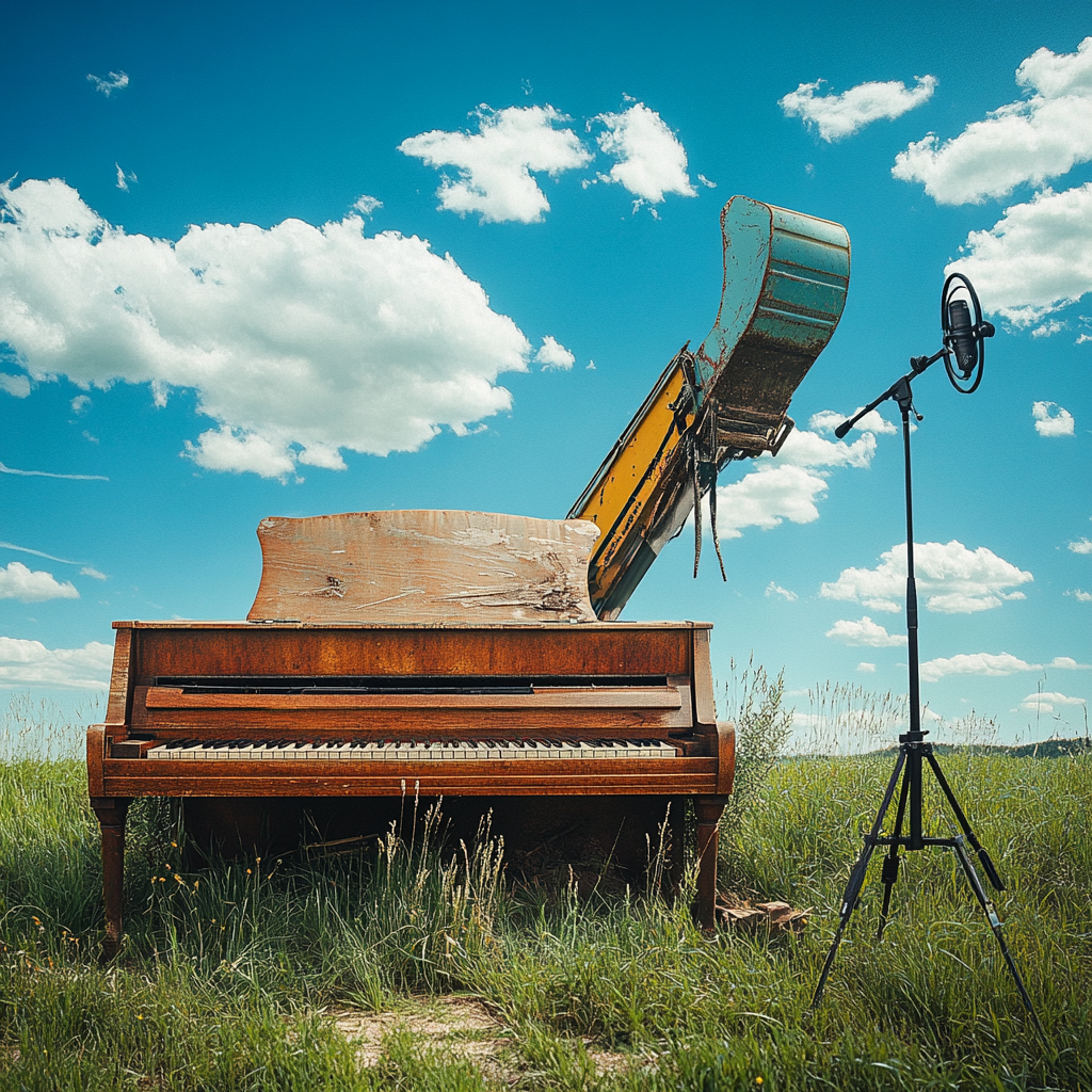 An old piano destroyed by an excavator