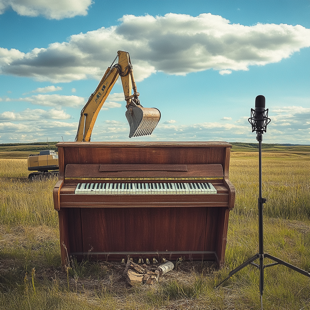 An old piano in grassy field, being lightly destroyed