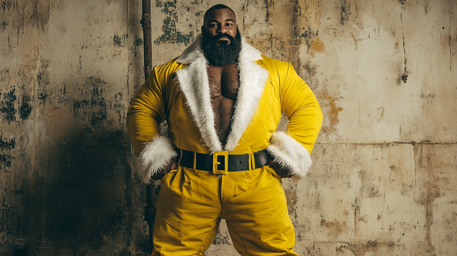 An old tough biker in yellow Santa suit.