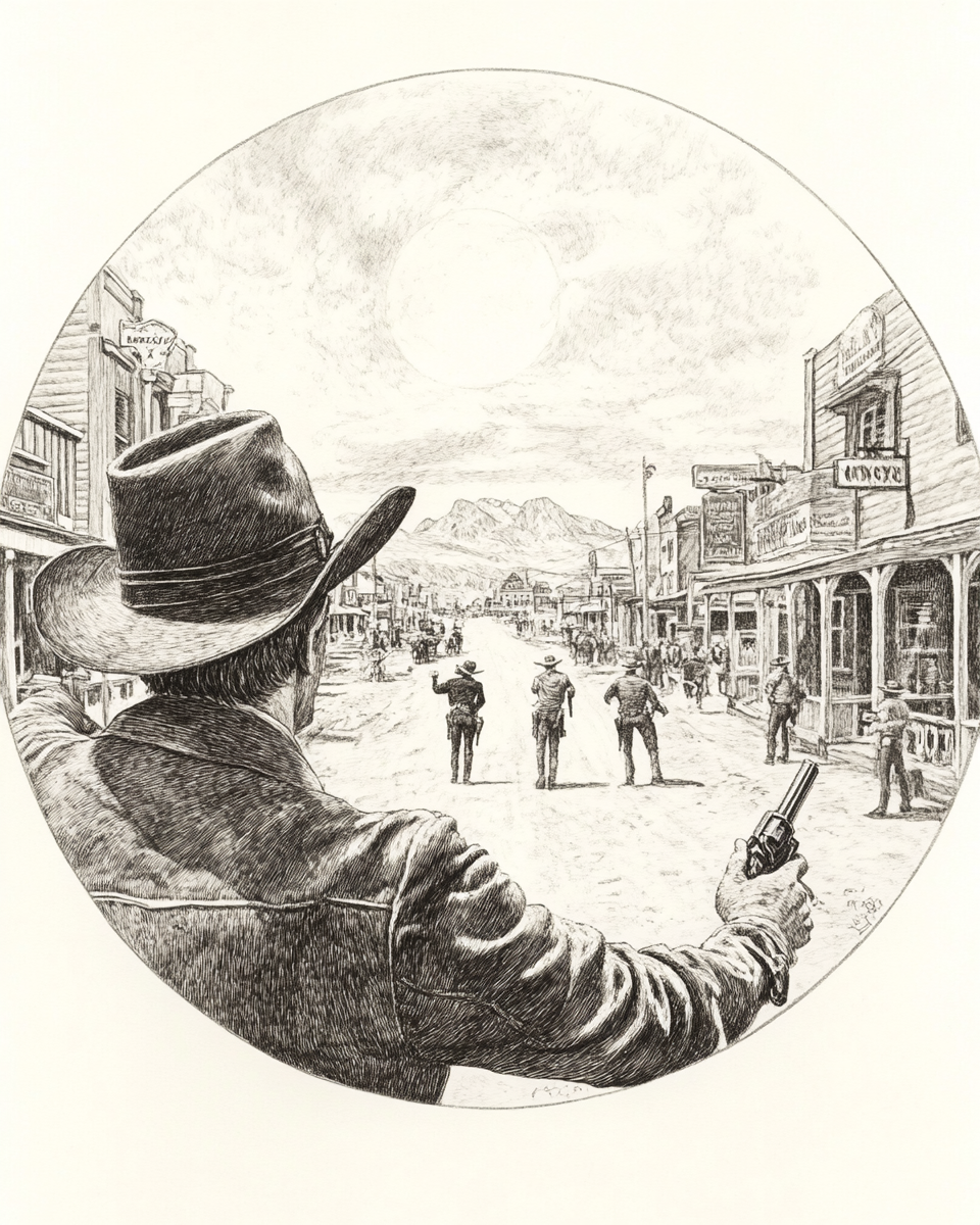 An old western town duel at high noon.