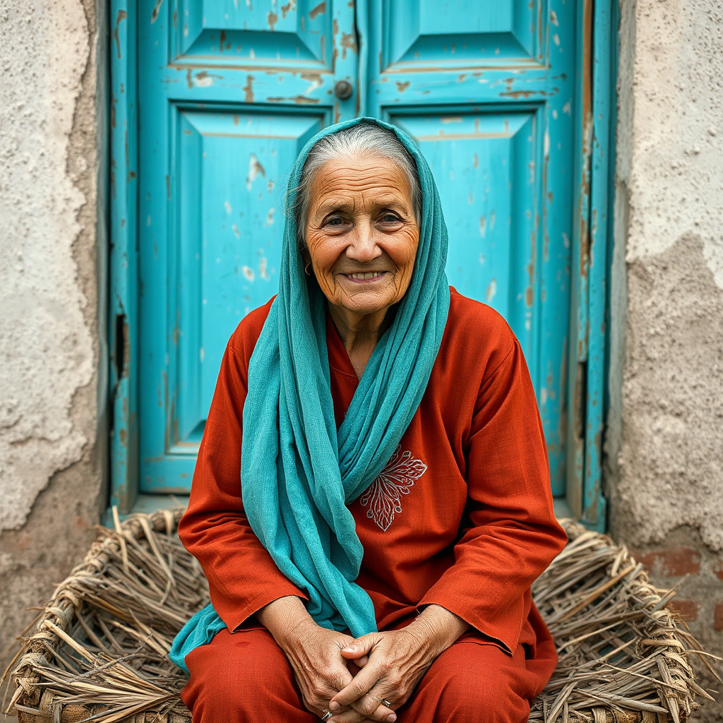 An old woman smiling in front of door.