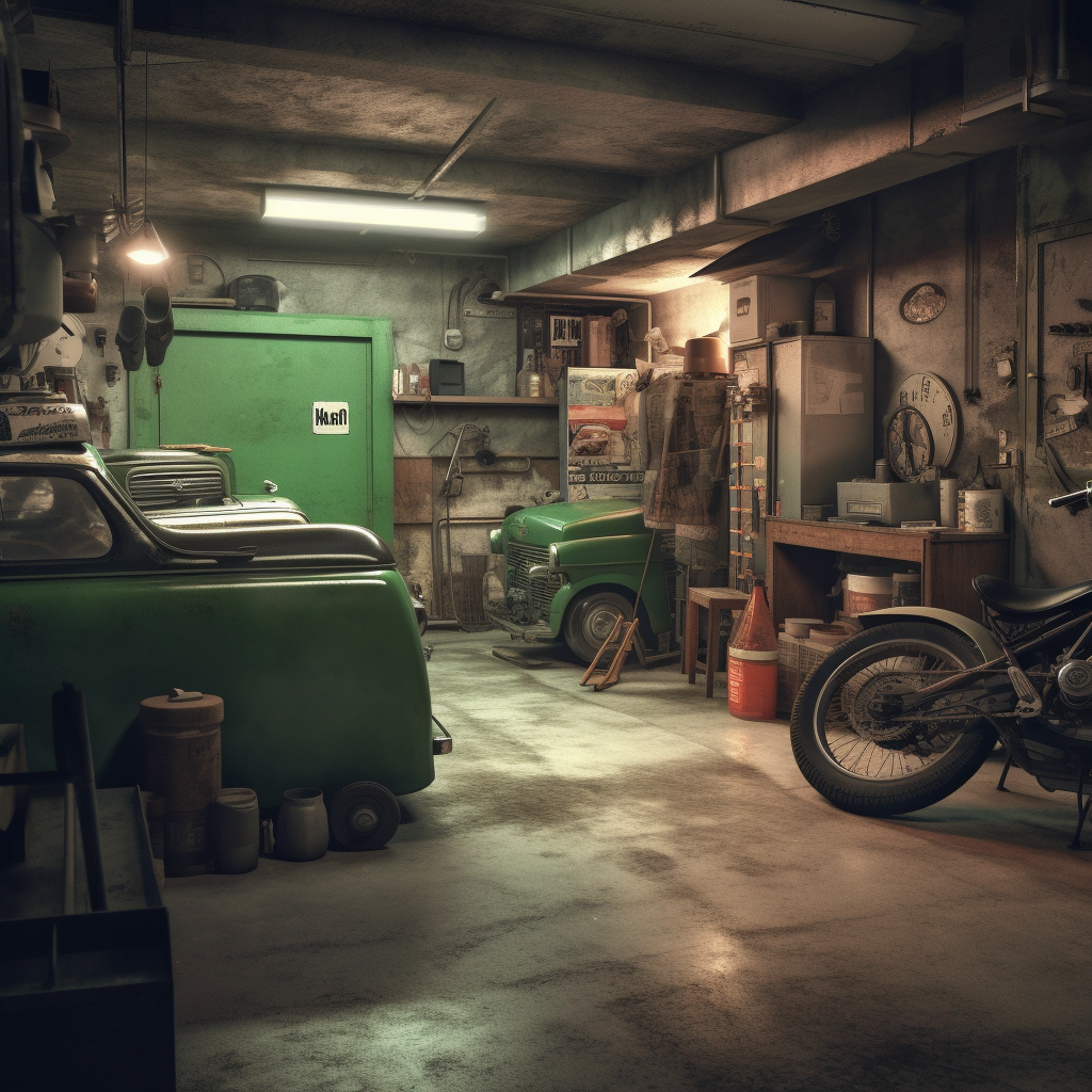 An old workshop with tires, tools, and machines