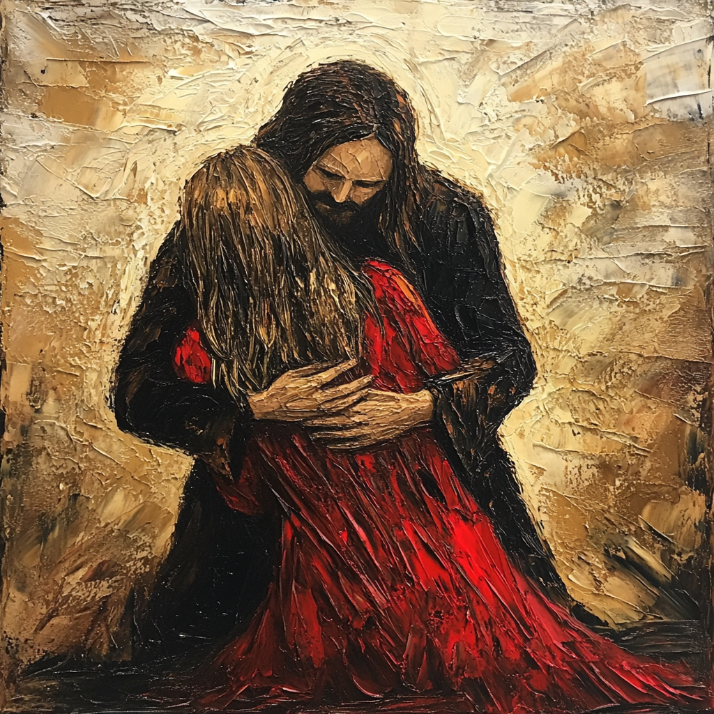 An older woman in red dress hugs Jesus compassionately.