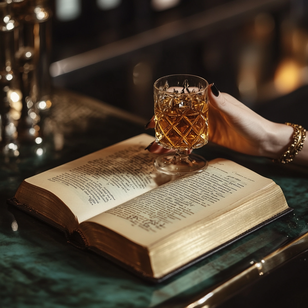 An open book on a bar with a hand.