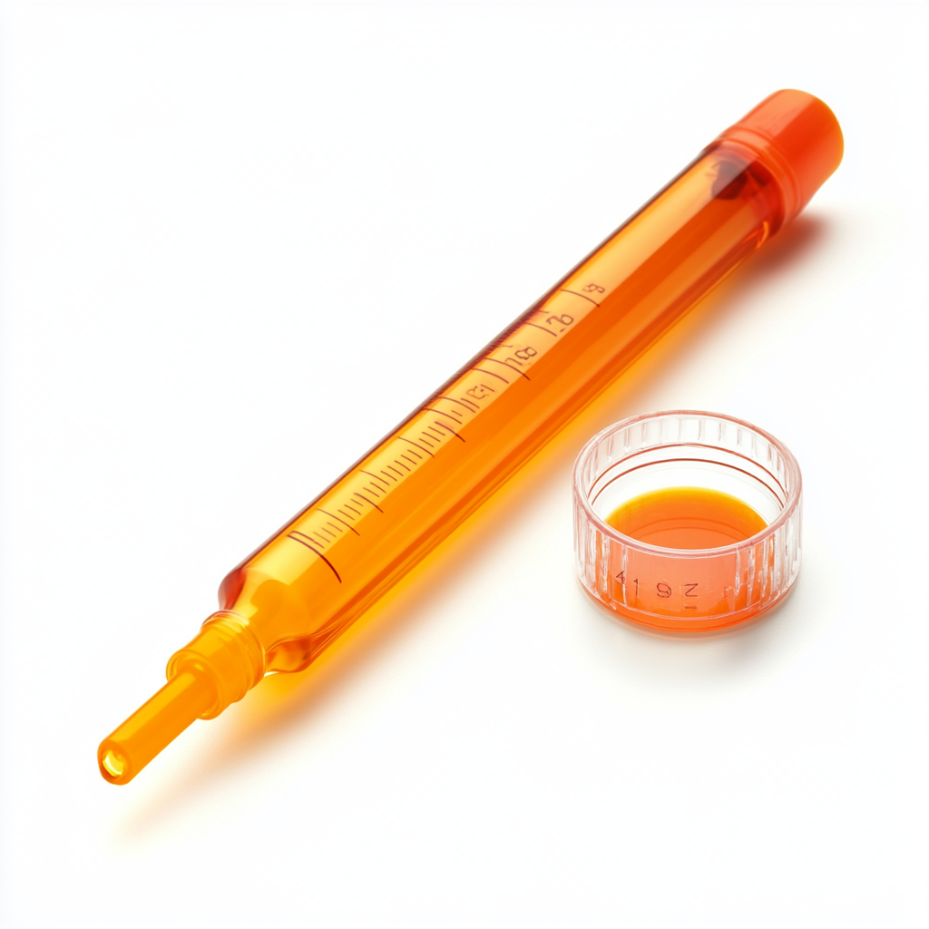 An orange liquid filled syringe next to cap