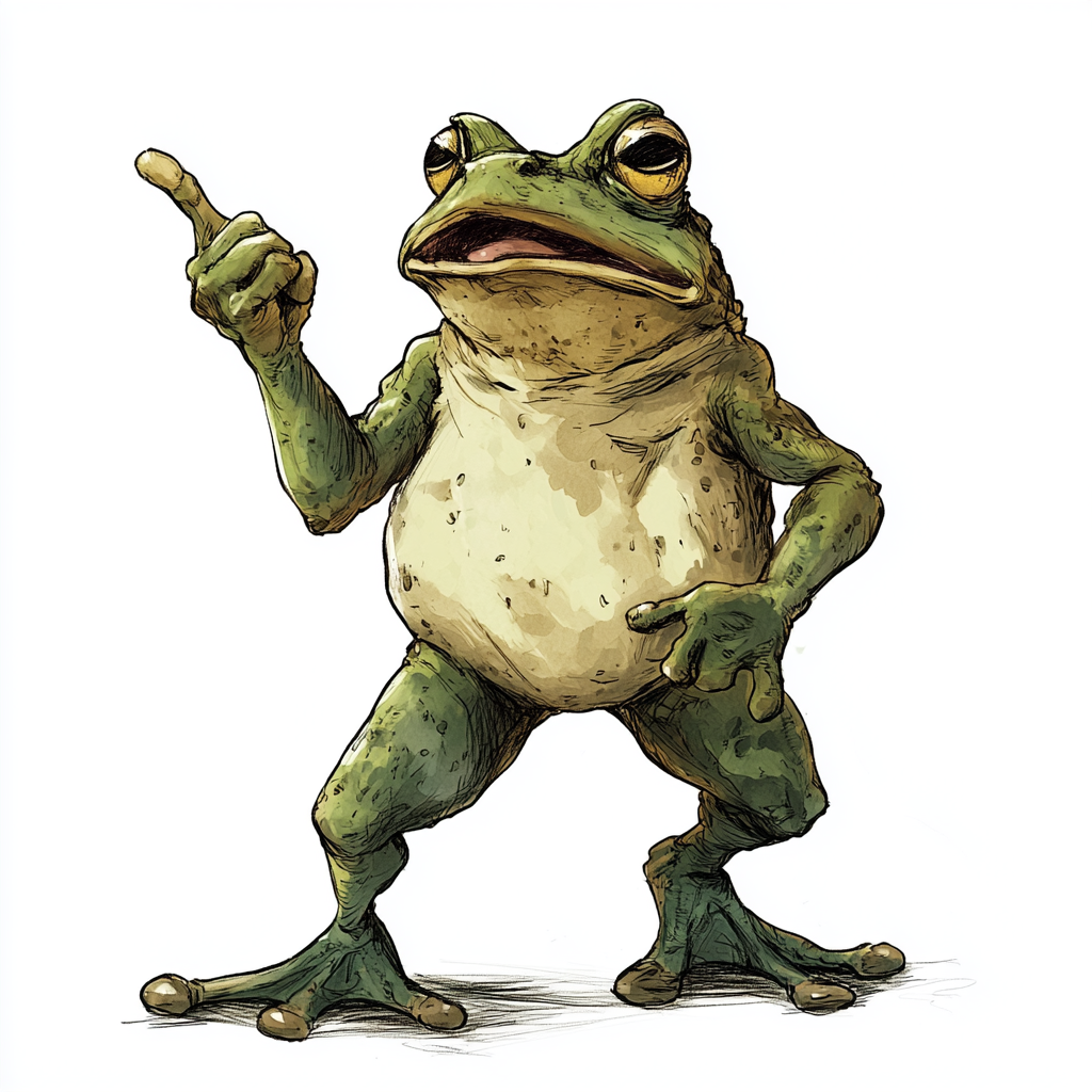 An unhappy elder frog speaking with index finger.