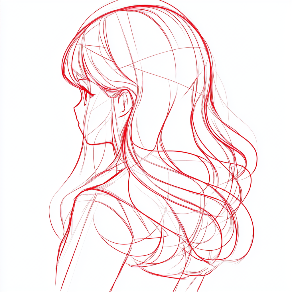 Anatomical Anime Female Character Drawing with Long Curly Hair