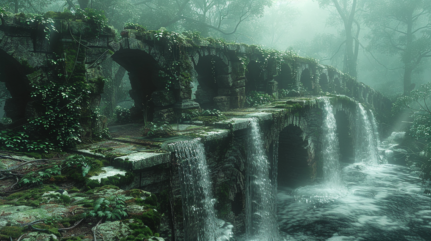 Ancient, eerie, cinematic bridge in dense jungle vegetation.