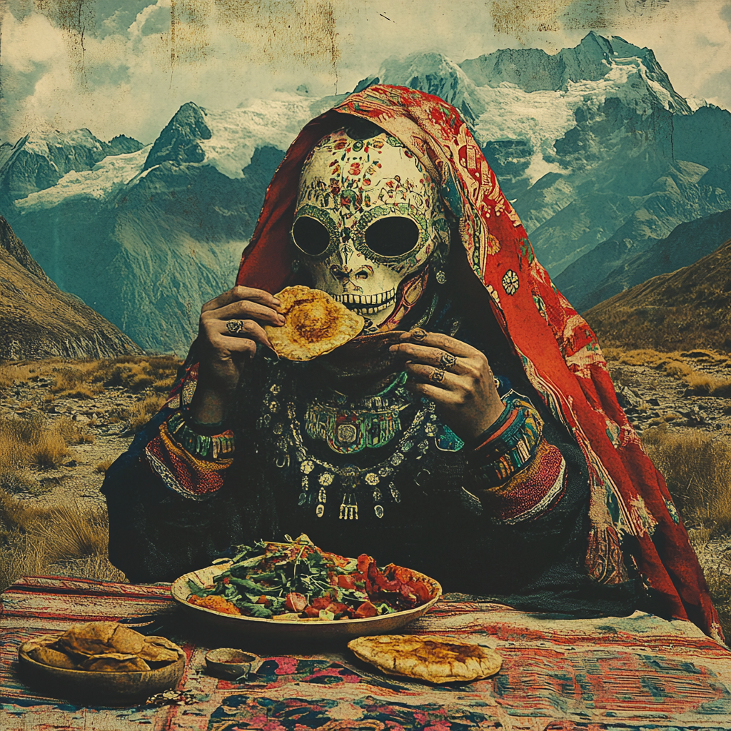 Ancient Andean woman eats empanadas by mountains