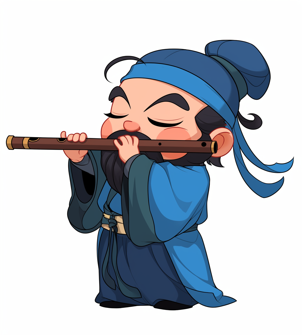 Ancient Chinese Man Playing Flute: Cute Cartoon Illustration.