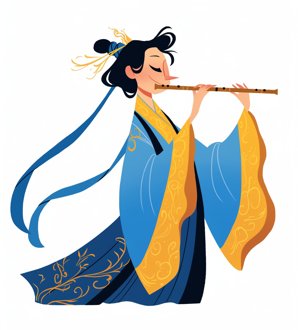 Ancient Chinese boy plays flute in cartoon style