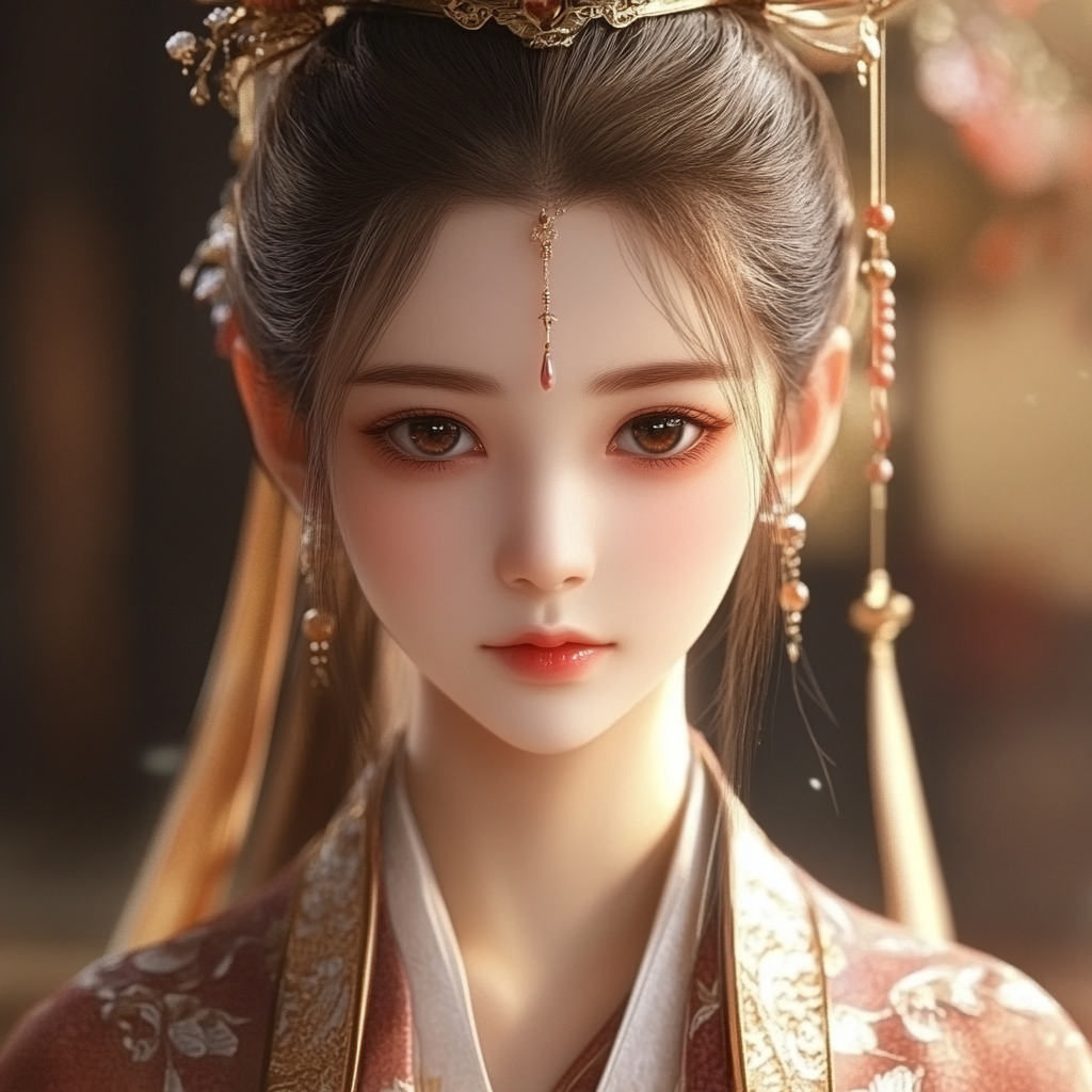 Ancient Chinese girl, chestnut hair, eyes, Tang costume.