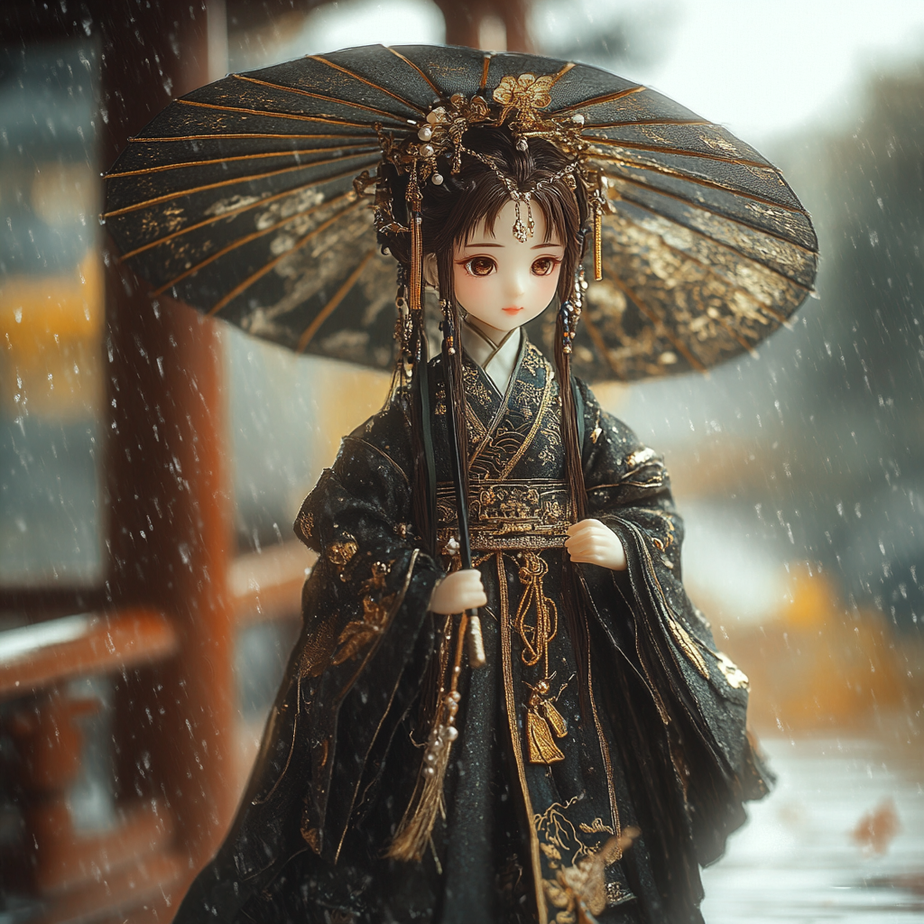 Ancient Chinese girl in heroic costume walks in rain.