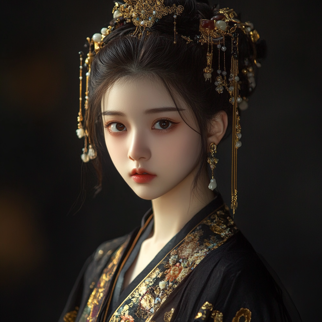 Ancient Chinese girl wearing Tang costume showcases herself.