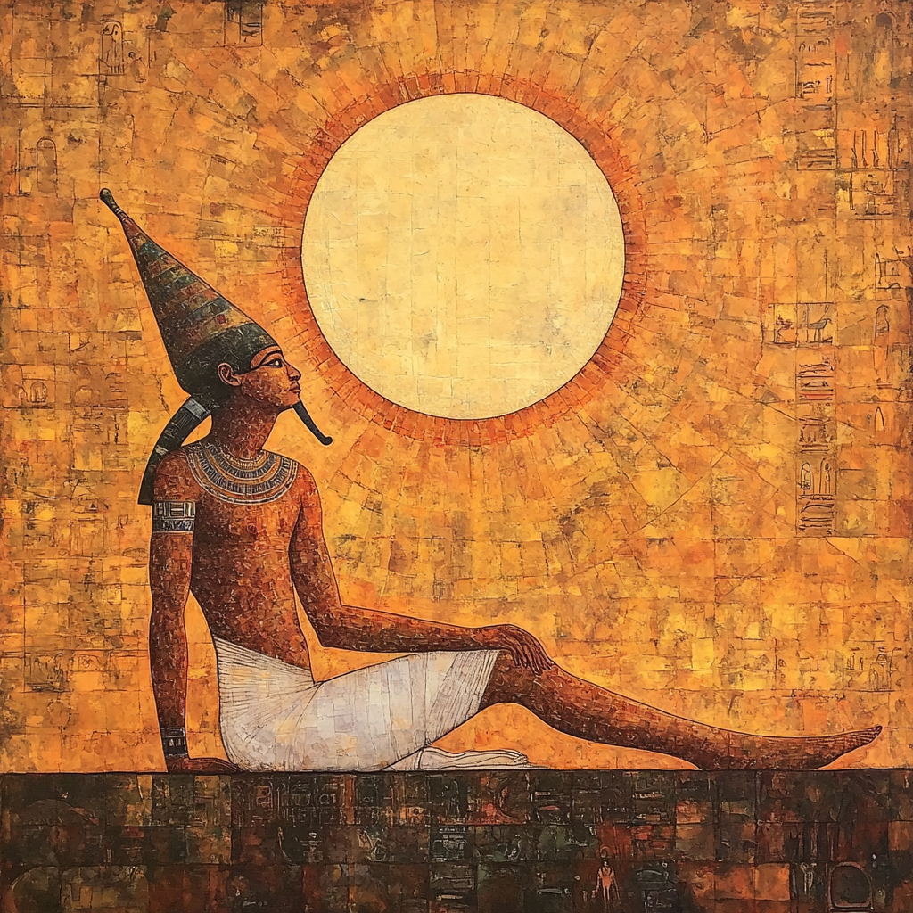 Ancient Egypt Sungod in Georges Seurat style painting.