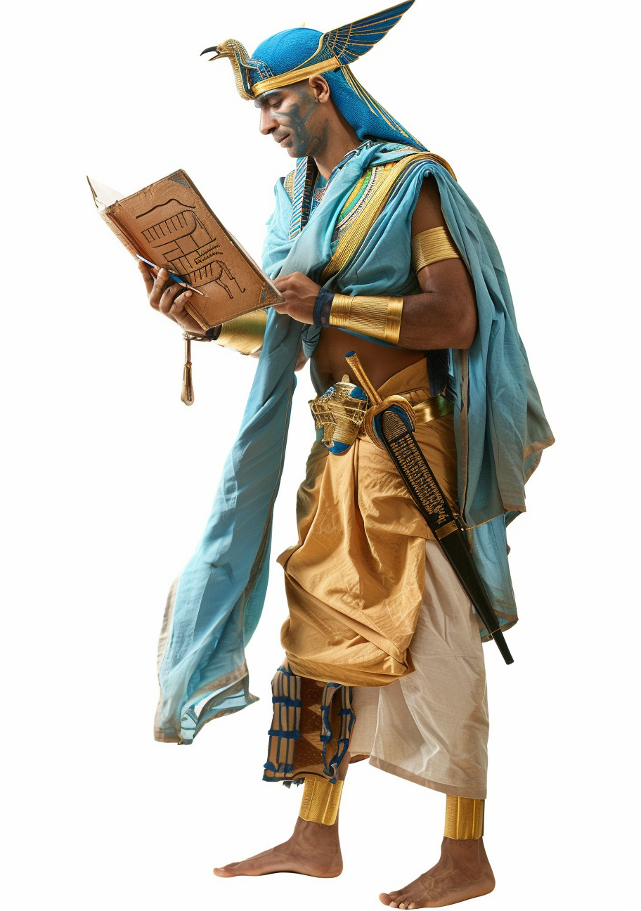 Ancient Egyptian man holding book in historical outfit.