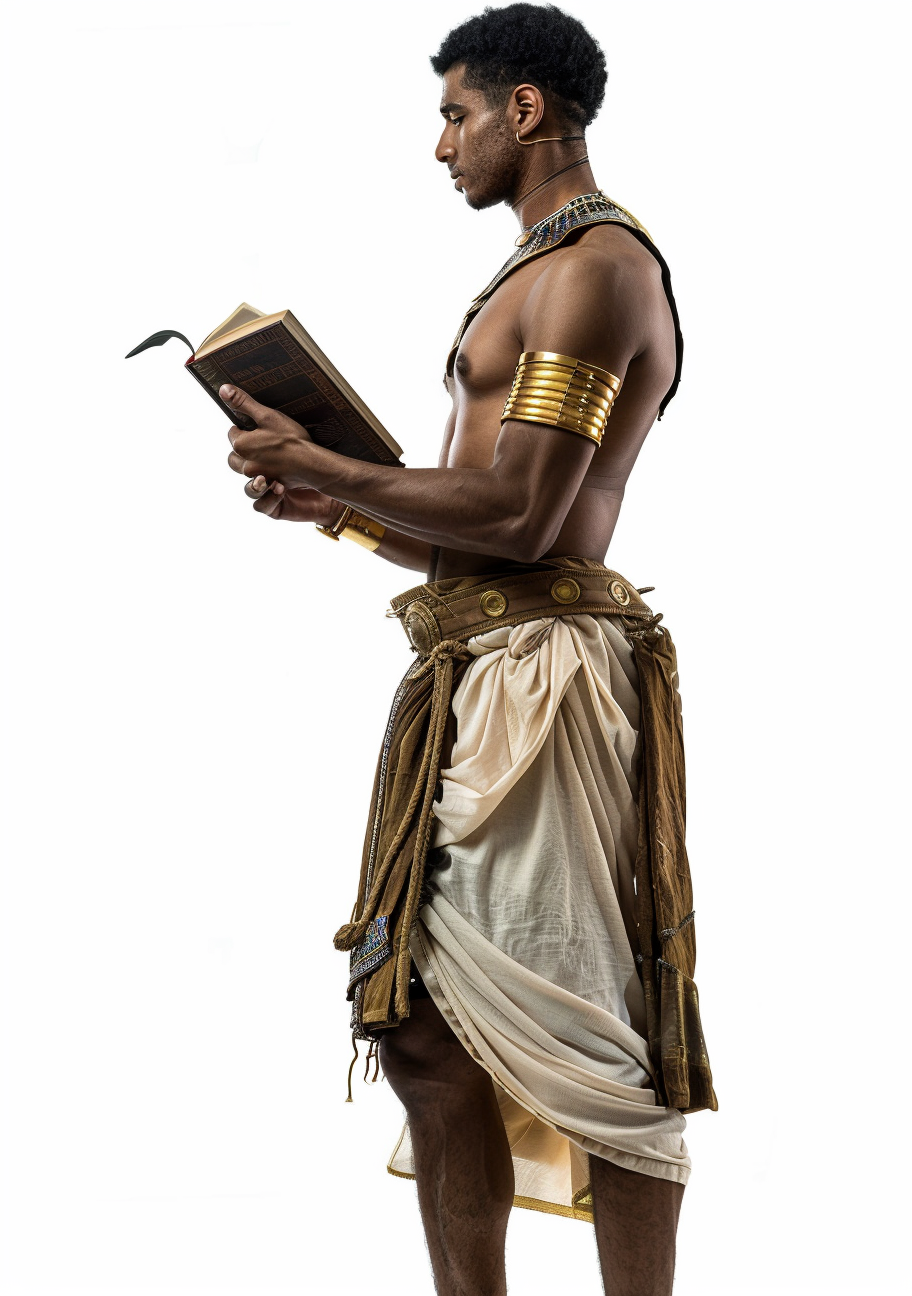 Ancient Egyptian man with book and stylus on white