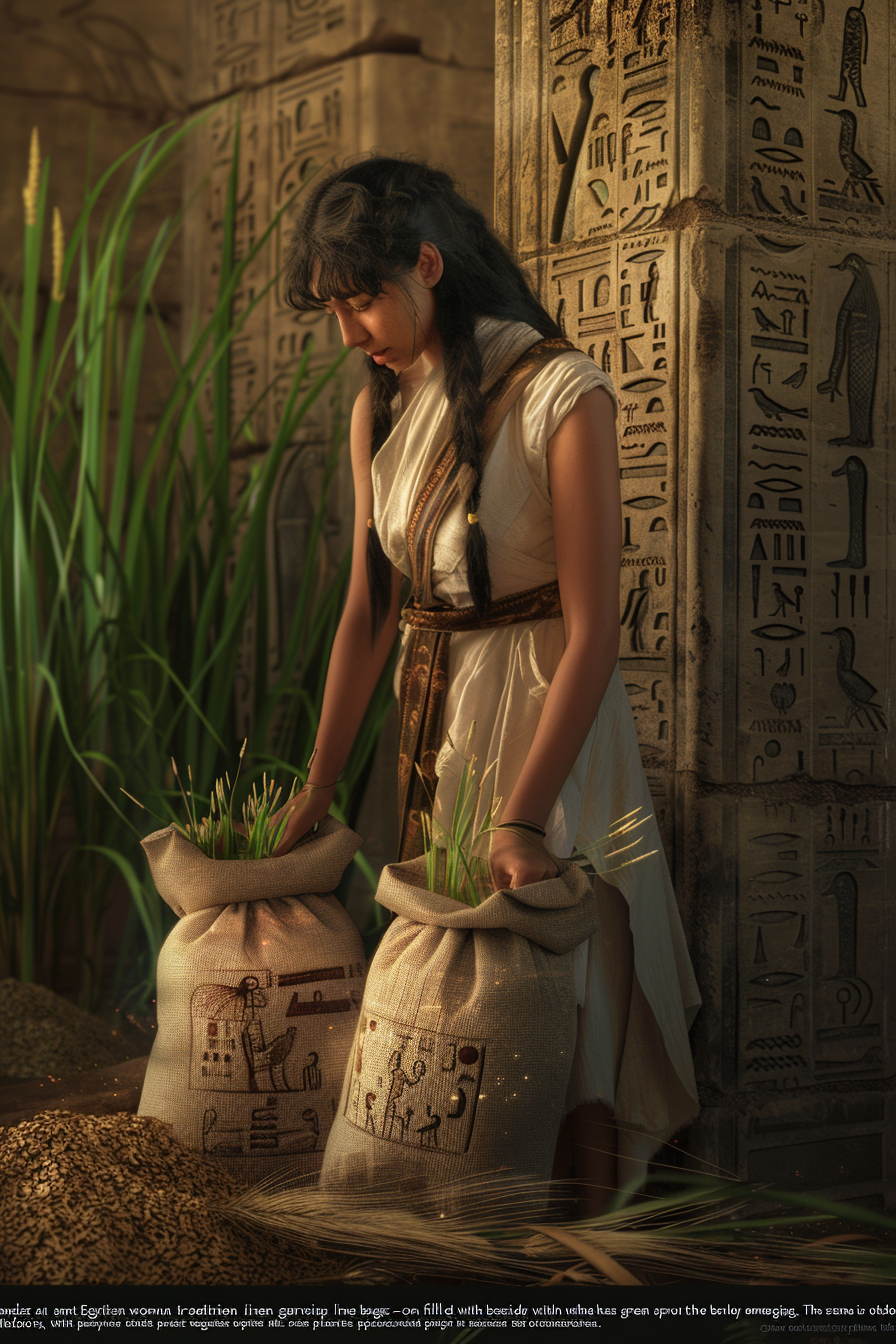 Ancient Egyptian woman beside bags of barley and wheat.