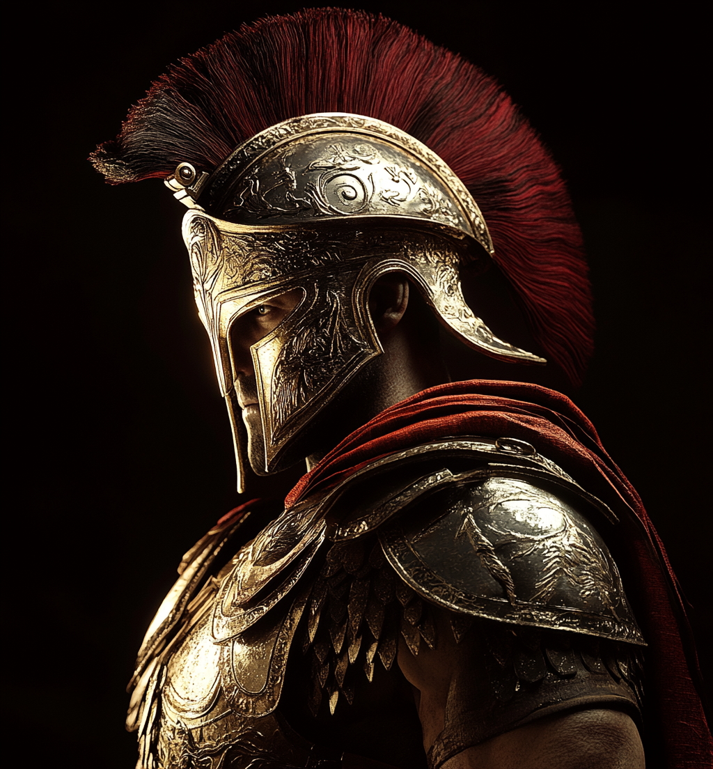 Ancient Greek Soldier in Ornate Armor Profile View