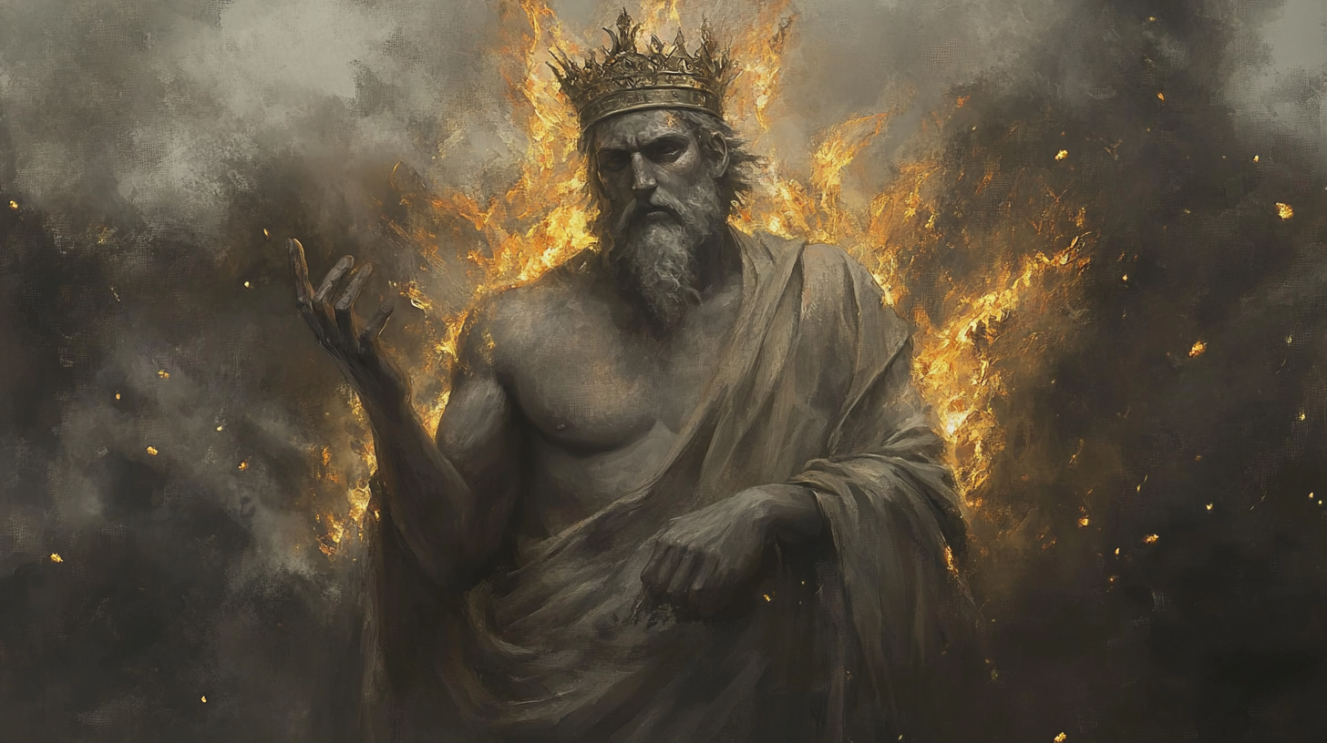 Ancient Greek philosopher depicted wearing crown, surrounded by flames.