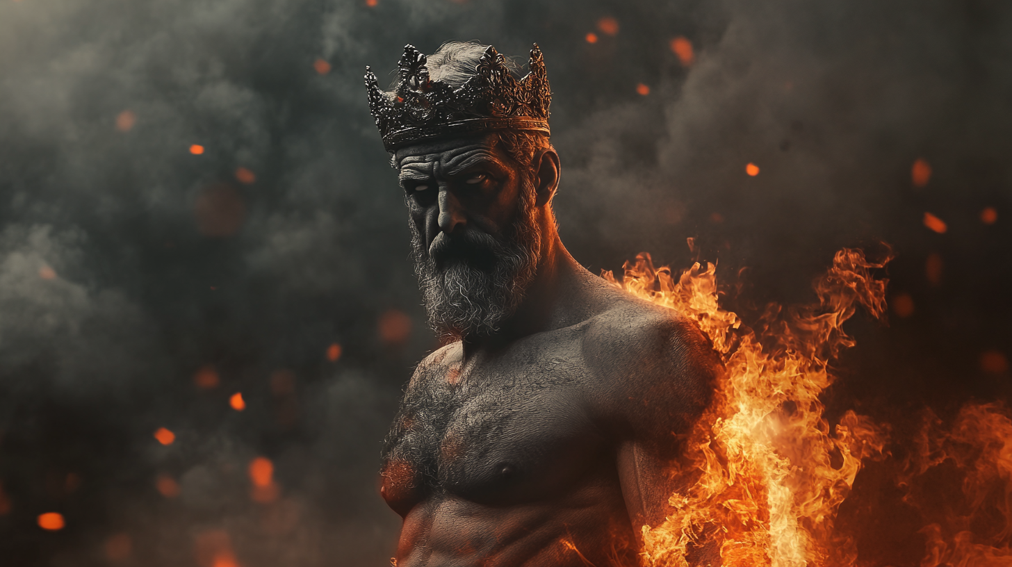 Ancient Greek philosopher wore crown, surrounded by flames. 