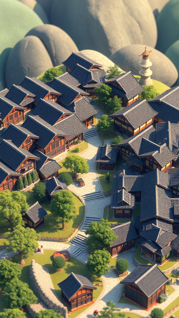 Ancient Japanese town in Pixar style, zoomed in.