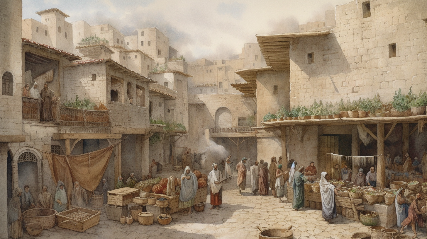 Ancient Jerusalem Marketplace with Merchants and Villagers