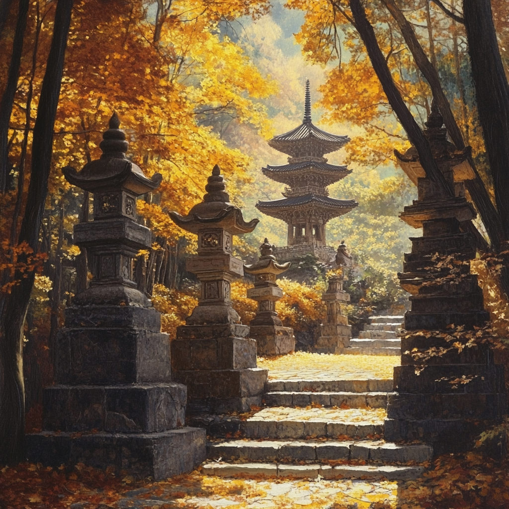 Ancient Korean temple with stone pagodas and Buddha statues in autumn forest