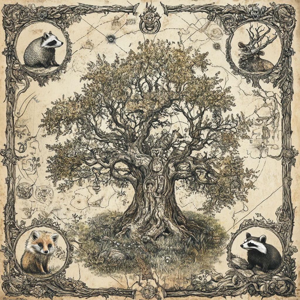 Ancient Magical Woodland Map with Four Animals