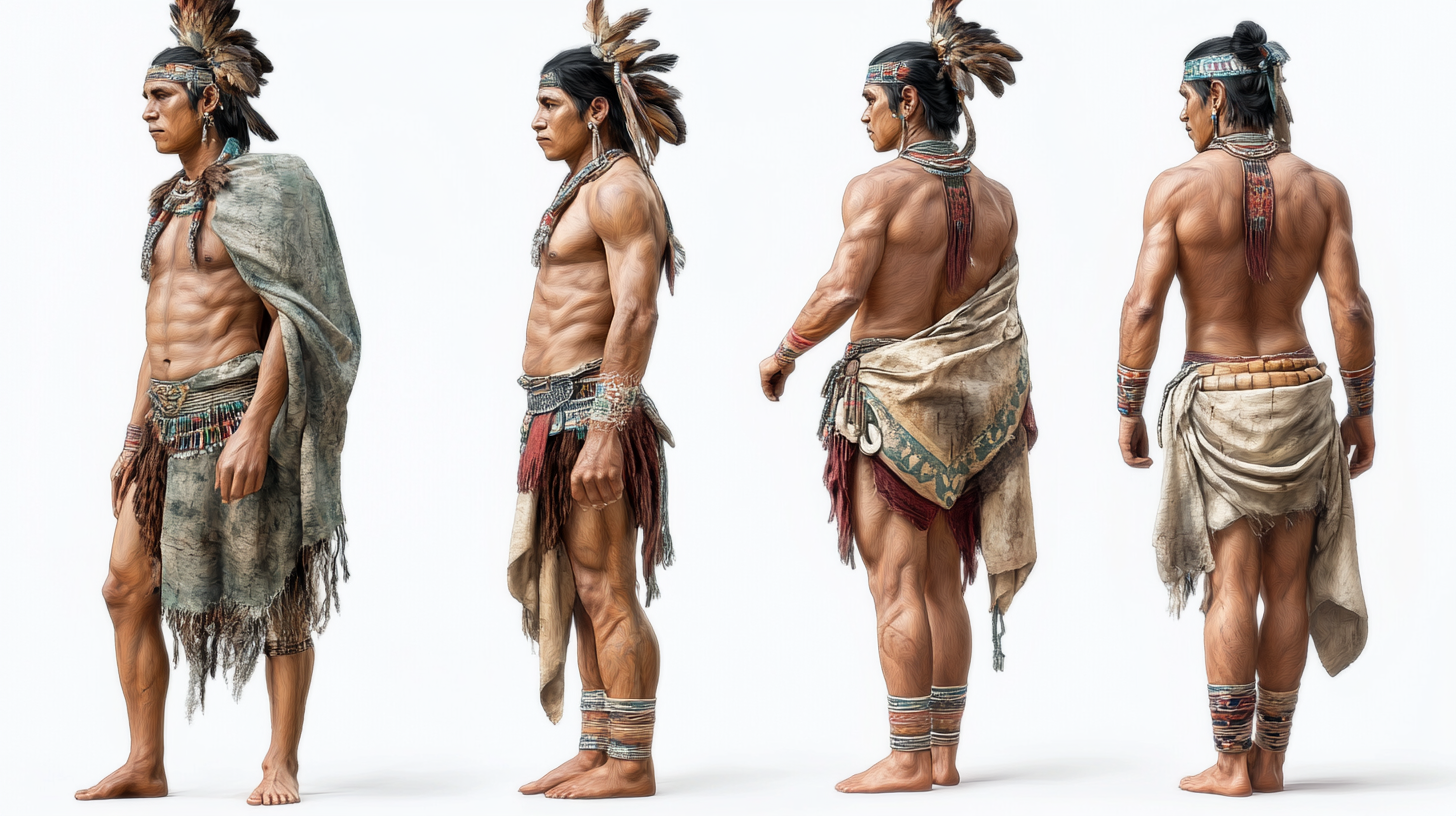 Ancient Mayan men in various directions on white background