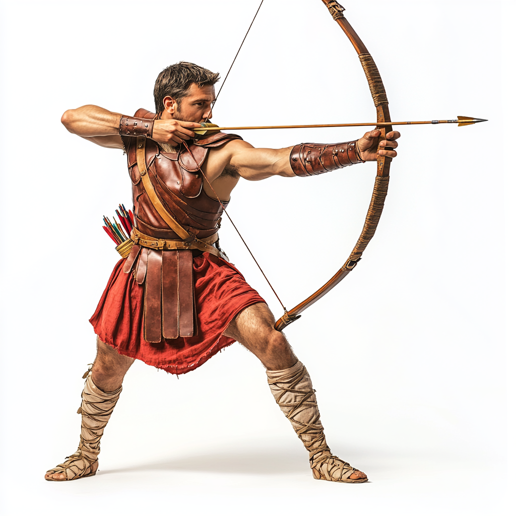 Ancient Roman army archer dressed in red tunic.