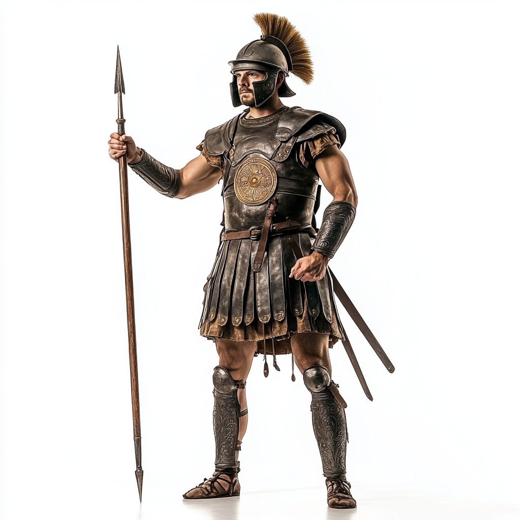 Ancient Roman legionary holding javelin, wearing armor and helmet.