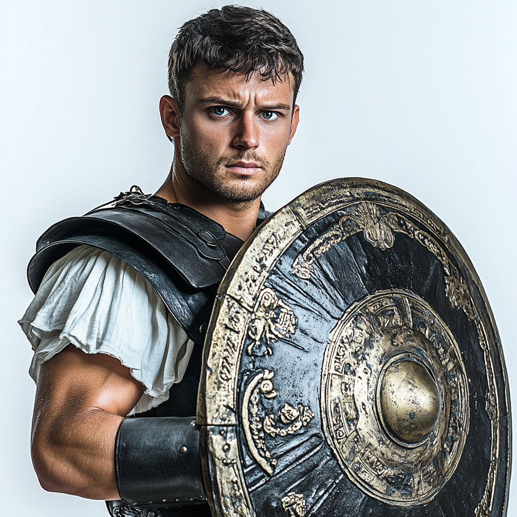 Ancient Roman praetorian guard with black armor, blue eyes.