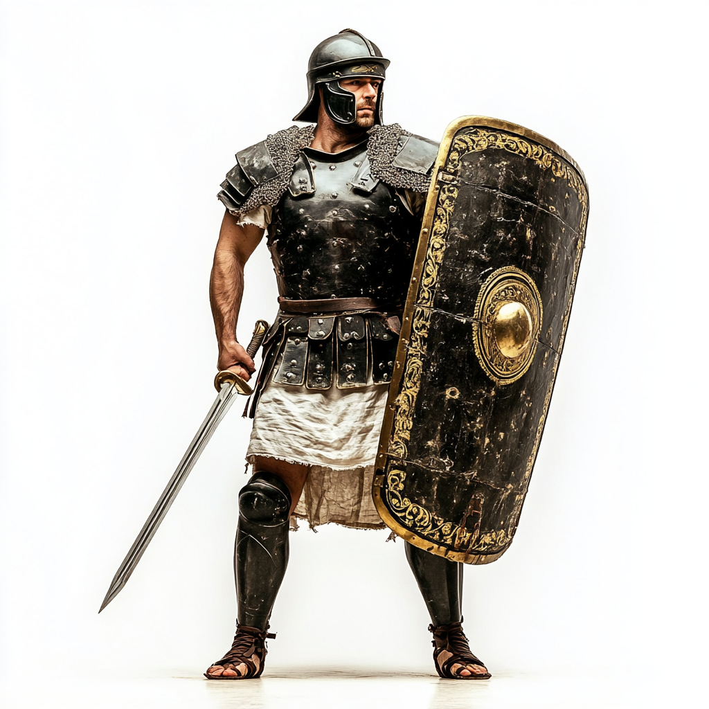 Ancient Roman soldier in black armor with white tunic.