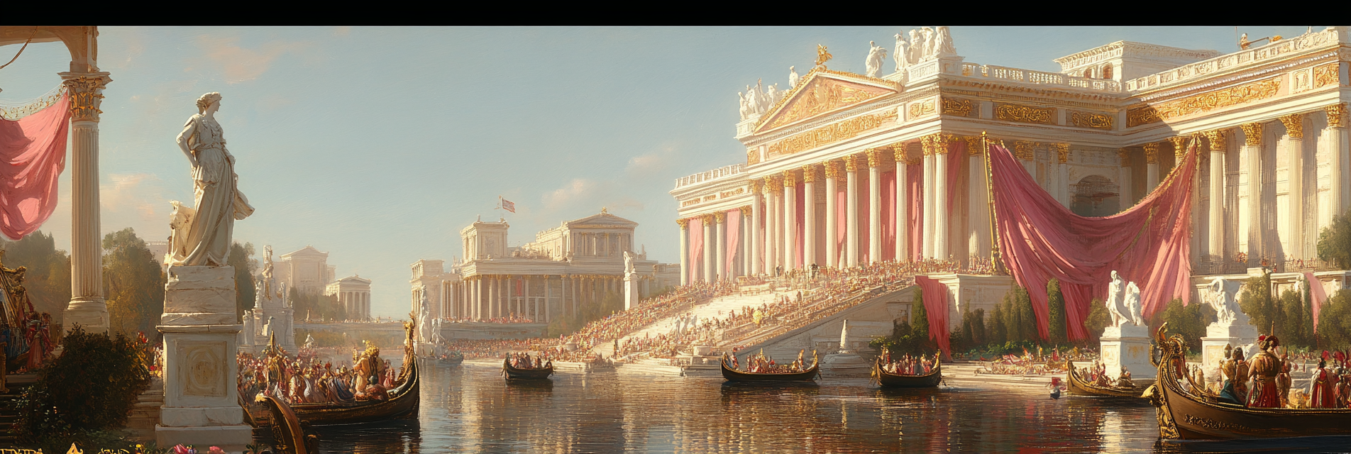 Ancient Rome Palace with Greek Statues and Boats