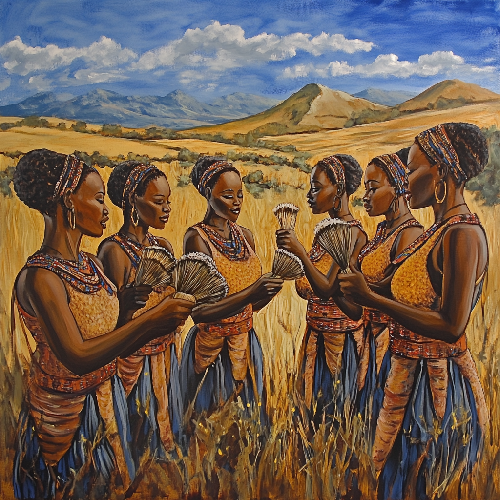 Ancient South African tribal women exfoliate skin outdoors. Beauty.