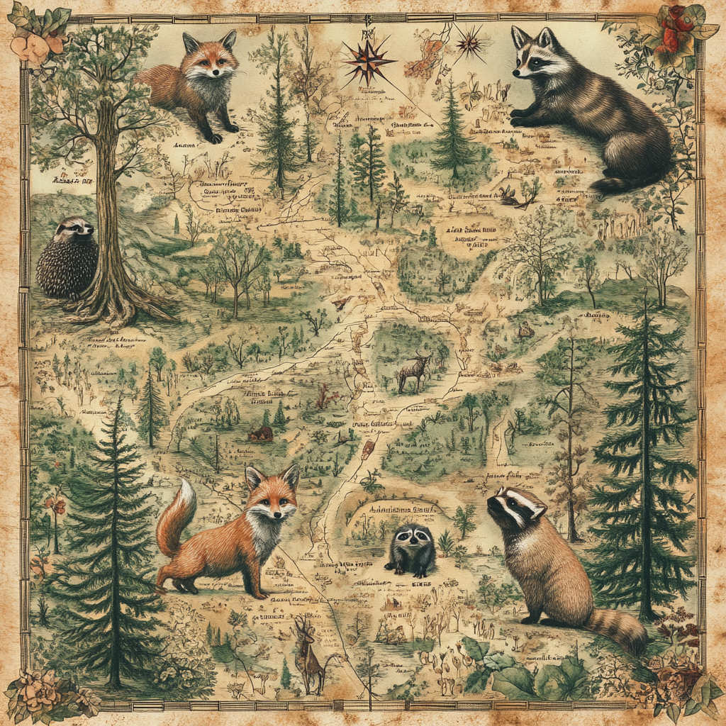 Ancient Woodland Map with Corner Animal Illustrations