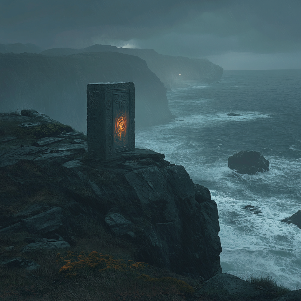 Ancient alter on cliff with mysterious glowing runes.