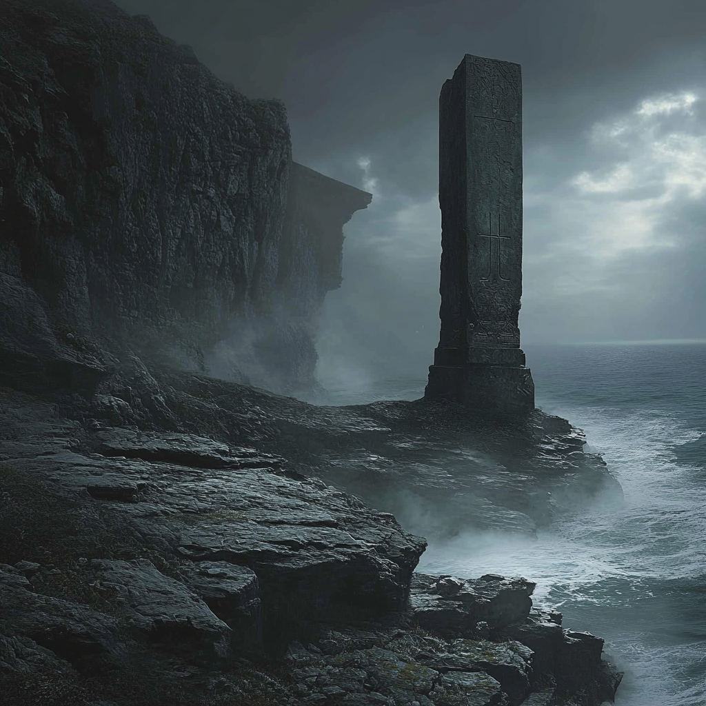 Ancient alter overlooking stormy ocean on rugged cliff.