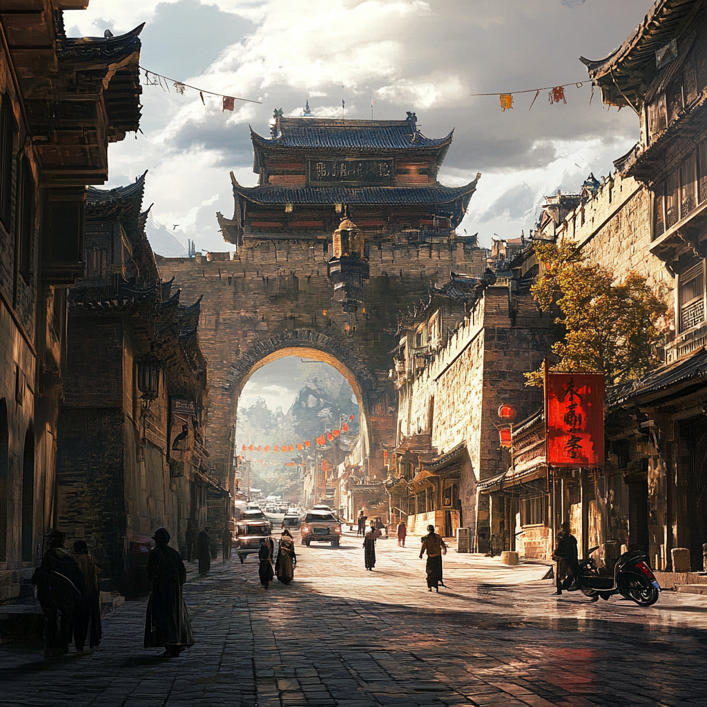 Ancient castle with Italian-Chinese architecture, people walking, daytime.